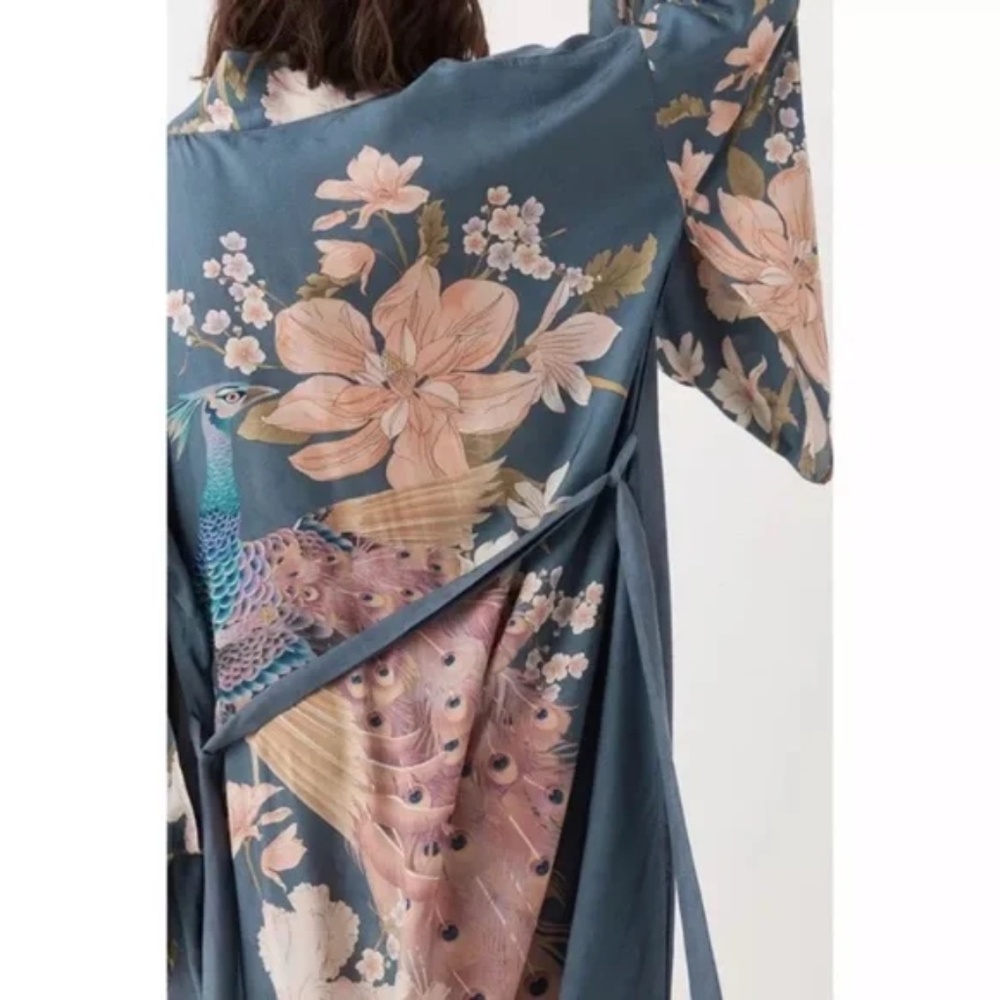 SOLD OUT Blue Floral Bohemian Peacock Kimono Duster Robe - Picture 6 of 7